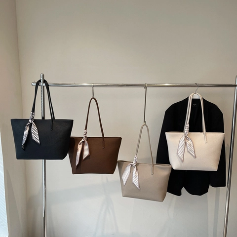 Large Capacity Tote Bag PU Leather Litchi Grain Elegant Minimalist Shoulder Handbag For Women With Decorative Satin Scarf