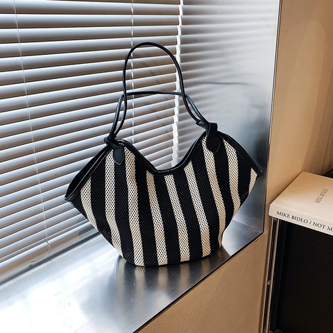 Borsa Tote Da Donna A Righe Verticali Bianco Nero Grande Capacità Maglia A Rete Borsa A Spalla Manico In Pelle PU