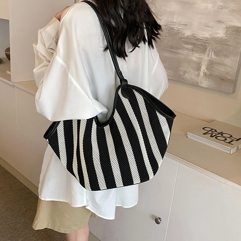 Borsa Tote Da Donna A Righe Verticali Bianco Nero Grande Capacità Maglia A Rete Borsa A Spalla Manico In Pelle PU