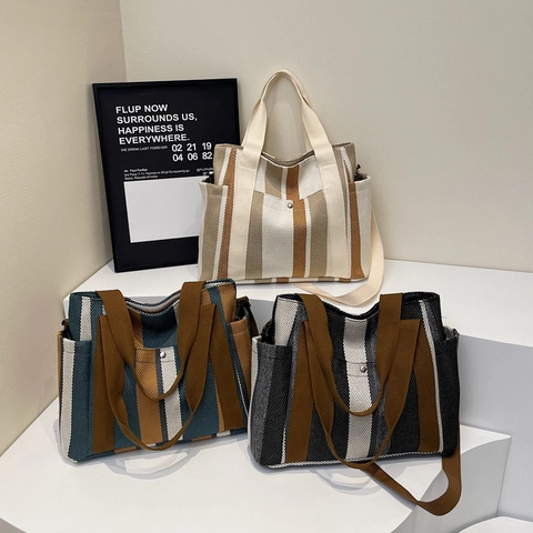 Damen Canvas Tote Tasche Grosse Kapazität Vertikale Streifen Lässige Schultertasche Umhängetasche Mit Griffen Und Gurt