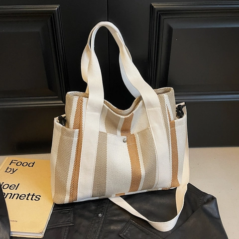 Damen Canvas Tote Tasche Grosse Kapazität Vertikale Streifen Lässige Schultertasche Umhängetasche Mit Griffen Und Gurt