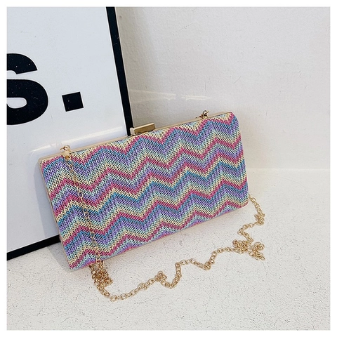 Damen Abendtasche Bunt Gewebtes Zickzackmuster Goldkette Schulter Umhängetasche Elegante Party Abendessen Handtasche