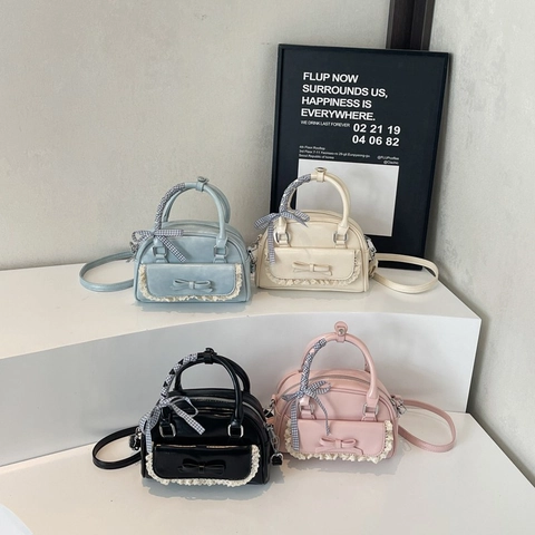 Borsa A Mano In Pelle PU Dolce Per Donna Con Decorazione Di Fiocco In Pizzo E Manico In Nastro A Quadretti