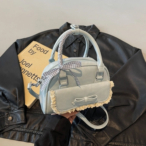 Borsa A Mano In Pelle PU Dolce Per Donna Con Decorazione Di Fiocco In Pizzo E Manico In Nastro A Quadretti