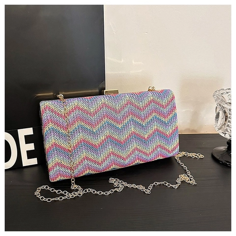 Damen Abendtasche Bunt Gewebtes Zickzackmuster Goldkette Schulter Umhängetasche Elegante Party Abendessen Handtasche