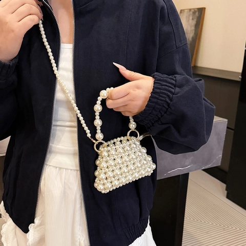 Mini Pearl Beaded Shoulder Bag Handmade Woven Crossbody Handbag For Women Elegant Evening Party Bag With Beaded Strap Silver White