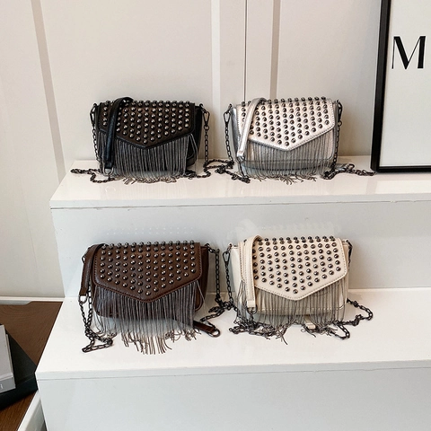 Borsa A Tracolla Con Borchie E Frange Donna Pelle PU Piccola Borsa Quadrata Stile Punk Rock Con Catena
