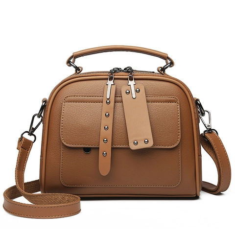 Vintage Women Handbag Litchi Texture PU Leather Crossbody Bag With Top Handle And Rivet Decor Retro Saddle Bag