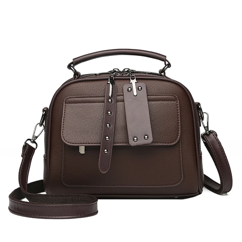 Vintage Women Handbag Litchi Texture PU Leather Crossbody Bag With Top Handle And Rivet Decor Retro Saddle Bag