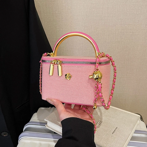 Borsa Tracolla Vanity Case Ecopelle Testurizzata Decorazione Fiore Camelia Oro Catena Doppia Cerniera Moda Donna