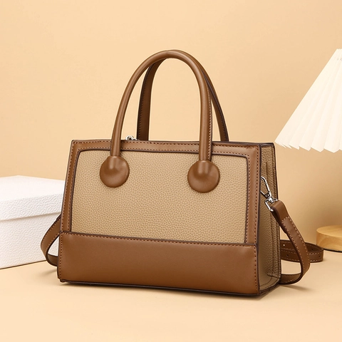 Bolso De Mano Para Mujer De Cuero PU Grano Lichi Color Block Retro Elegante Cuadrado Bolso Bandolera Correa Desmontable