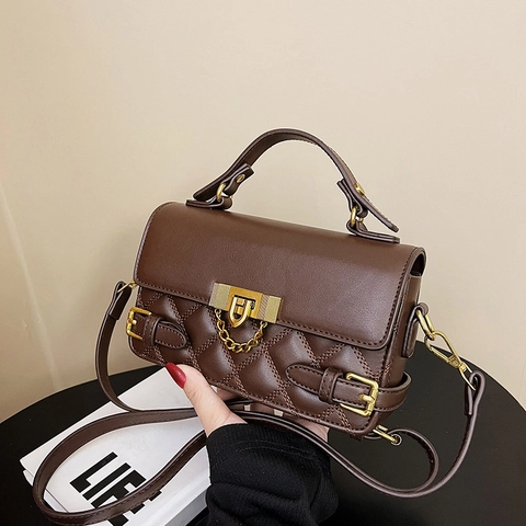 Quilted Lattice Small Square Bag PU Leather Crossbody Shoulder Handbag Vintage Gold Lock Chain Decorative For Women Elegant