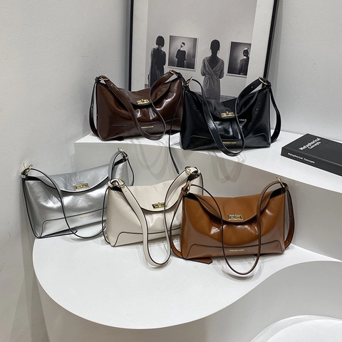 Women Shoulder Bag Large Capacity PU Leather Vintage Tote Bag With Metal Twist Lock Adjustable Strap For Office Daily