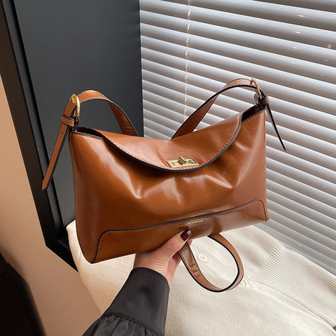 Women Shoulder Bag Large Capacity PU Leather Vintage Tote Bag With Metal Twist Lock Adjustable Strap For Office Daily