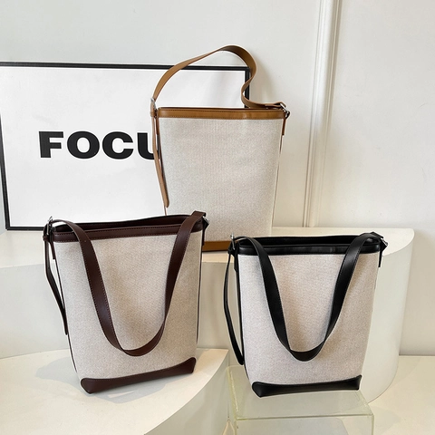 Bolso Cubo De Lona Para Mujer Empalme Cuero PU Gran Capacidad Bloque De Color Correa Ajustable Retro Diario