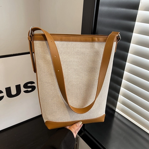 Bolso Cubo De Lona Para Mujer Empalme Cuero PU Gran Capacidad Bloque De Color Correa Ajustable Retro Diario
