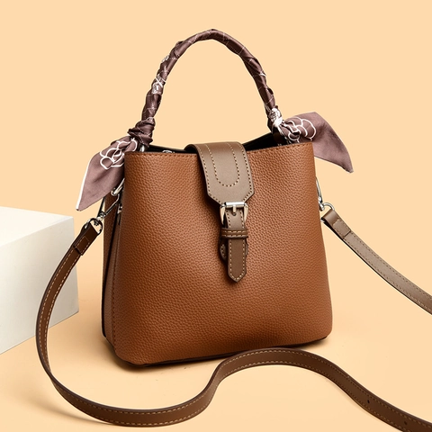 Bolso Cubo Mujer Cuero PU Patrón Lychee Color Contraste Asa De Pañuelo De Satén Bandolera Hombro Moda Mano