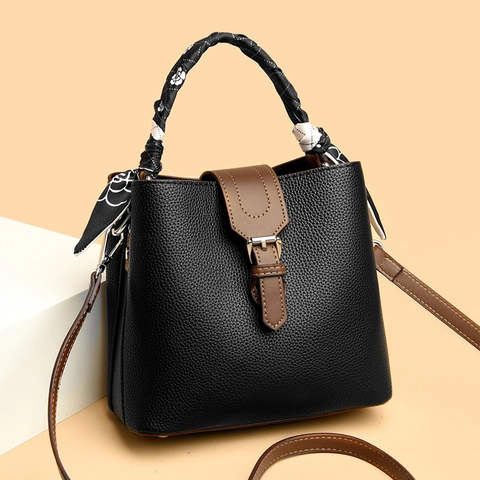 Bolso Cubo Mujer Cuero PU Patrón Lychee Color Contraste Asa De Pañuelo De Satén Bandolera Hombro Moda Mano