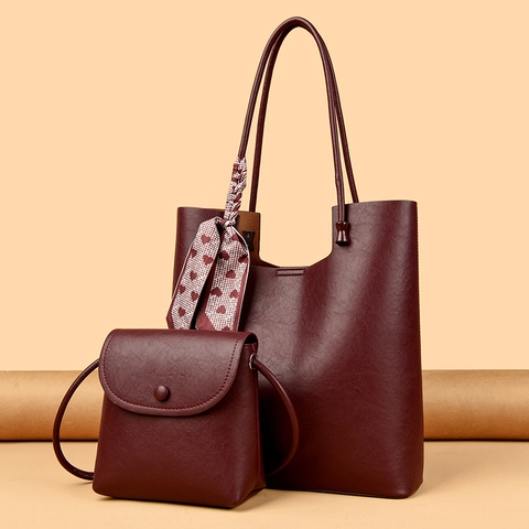 Women Large Capacity Tote Bag And Crossbody Pouch PU Leather With Satin Scarf Decor Retro Style Daily Commute
