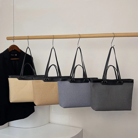 Sac Cabas Femme Grande Capacite Tissu Cuir PU Surpiqures Contrastees Doubles Poignees Bureau Vintage Elegante Sac A Main