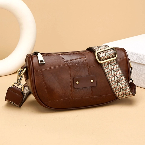 Damen Umhängetasche Aus Patchwork PU Leder Mit Breitem Jacquard Gurt Retro Bohemian Ethnic Urban Style