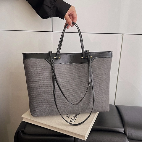 Sac Cabas Femme Grande Capacite Tissu Cuir PU Surpiqures Contrastees Doubles Poignees Bureau Vintage Elegante Sac A Main