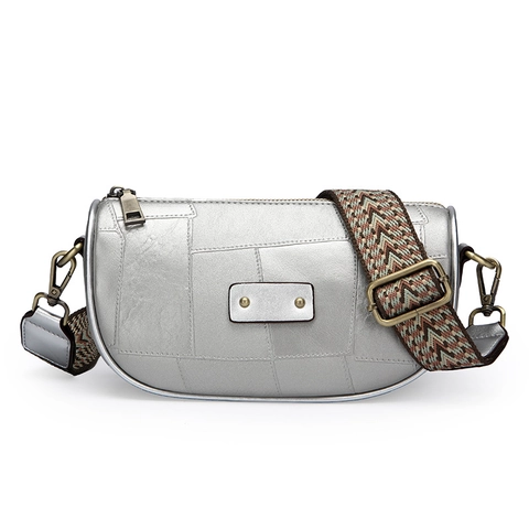 Damen Umhängetasche Aus Patchwork PU Leder Mit Breitem Jacquard Gurt Retro Bohemian Ethnic Urban Style