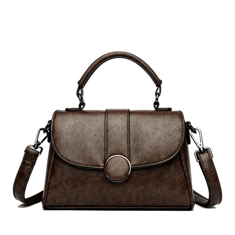 Women Vintage PU Leather Handbag With Round Buckle Retro Chic Shoulder Crossbody Bag With Top Handle Detachable Strap