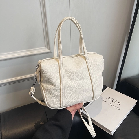 Trendy Litchi Grain PU Leather Handbag Women Large Capacity Shoulder Crossbody Bag Detachable Strap Urban Style