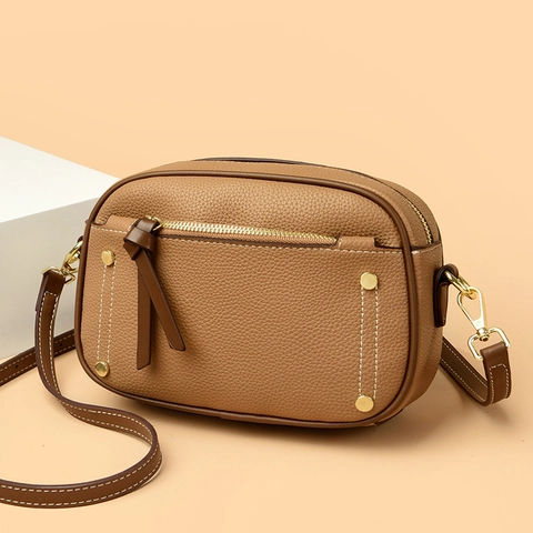 Women Litchi Texture PU Leather Crossbody Bag Fashion Shell Camera Bag with Metal Studs Gold Hardware Adjustable Strap Shoulder Bag for Daily Commute