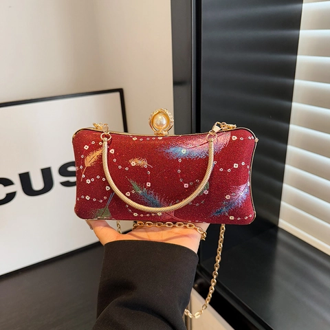 Luxus Damen Pailletten Feder Abendtasche Perle Strass Verschluss Handtasche Gold Ring Griff Kette Riemen Hochzeit Tasche