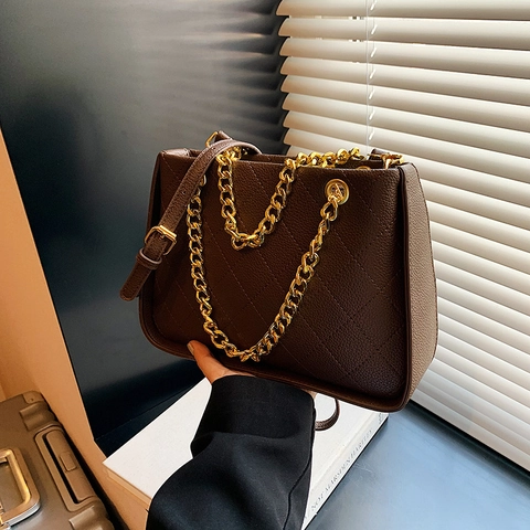 Women Rhombus Quilted Handbag PU Leather Gold Chunky Chain Shoulder Crossbody Square Bag Trendy Leisure Elegant