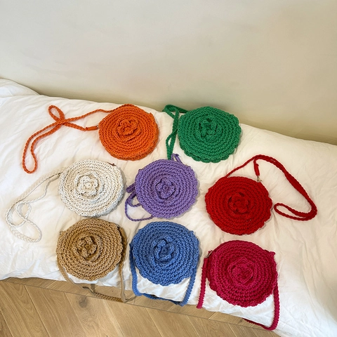 Sac Bandoulière Rond Tissé Au Crochet À La Main Pour Femme Fleur Rose 3D Vacances Plage Style Bohème