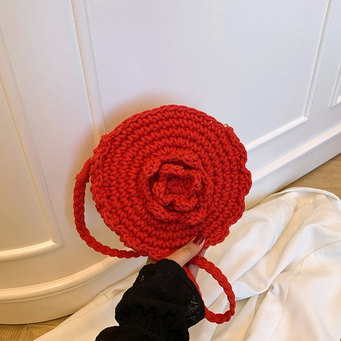 Sac Bandoulière Rond Tissé Au Crochet À La Main Pour Femme Fleur Rose 3D Vacances Plage Style Bohème