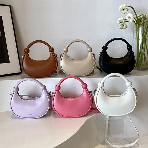 Women Crescent Hobo Bag PU Leather Knot Handle Detachable Shoulder Strap Minimalist Solid Color Crossbody Purse