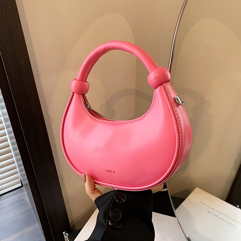 Women Crescent Hobo Bag PU Leather Knot Handle Detachable Shoulder Strap Minimalist Solid Color Crossbody Purse