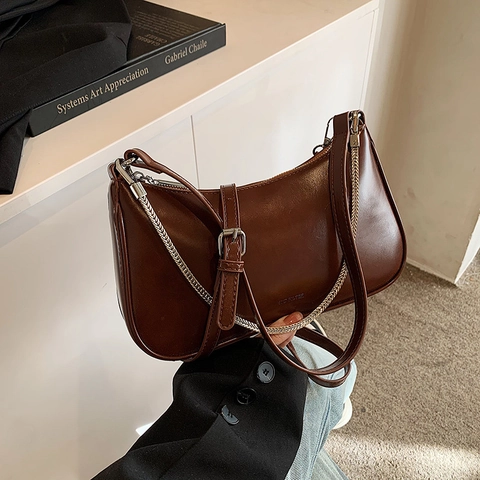 Borsa Hobo Vintage Mezzaluna Donna Pelle PU Con Catena Metallo Argento Tracolla Regolabile Casual Versatile Spalla