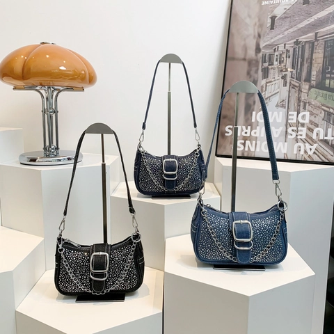 Borsa Baguette Sottobraccio In Denim Con Strass Y2K Retro Borsa A Tracolla Con Catena Argentata E Fibbia Metallica Moda