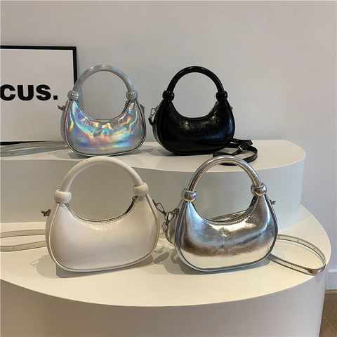 Damen Halbmond Handtasche Glänzendes PU Leder Hobo Bag Mit Rundem Griff Und Abnehmbarem Schultergurt Modisch