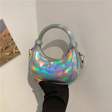 Damen Halbmond Handtasche Glänzendes PU Leder Hobo Bag Mit Rundem Griff Und Abnehmbarem Schultergurt Modisch