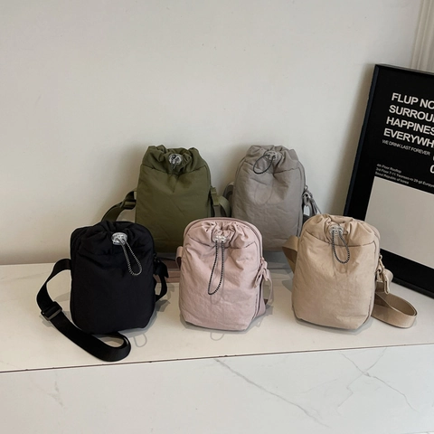 Bolso Bandolera De Mujer Con Cordón Nylon Lona Mini Bolso De Cubo Simple Casual Moda Correa Ajustable