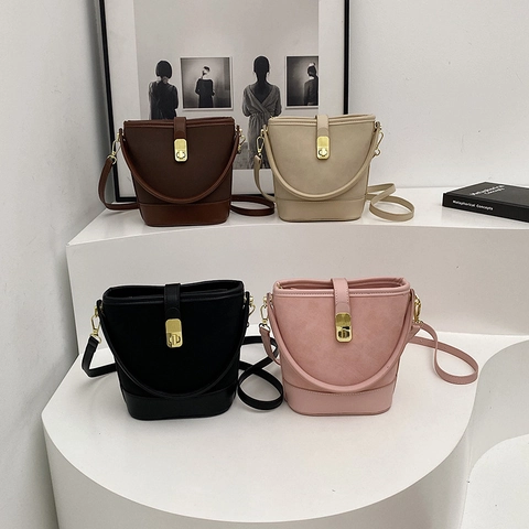 Borsa Secchiello Donna Pelle PU Camoscio Cuciture Retro Borsa A Mano Tracolla Con Tracolla Regolabile Chiusura Girevole Dorata