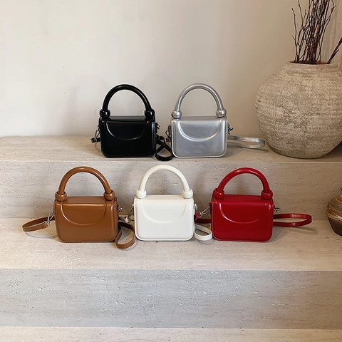 Women Glossy PU Leather Crossbody Bag Chic Small Square Handbag With Thick Round Handle And Detachable Shoulder Strap