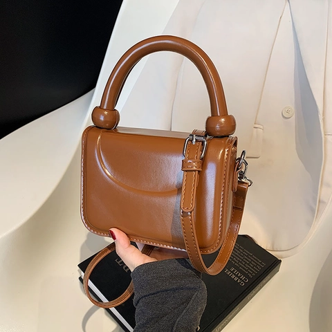 Women Glossy PU Leather Crossbody Bag Chic Small Square Handbag With Thick Round Handle And Detachable Shoulder Strap