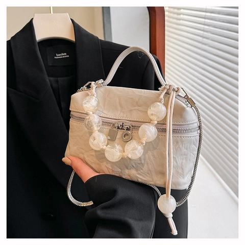 Plissierte PU Leder Handtasche Mit Großen Harzperlen Griff Vintage Umhängetasche Für Frauen Modisch