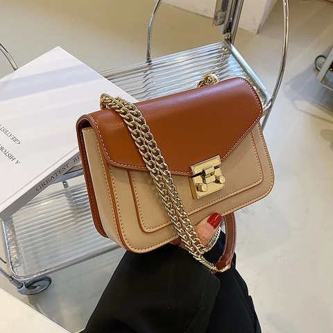 Damen Vintage PU-Leder Kleine Quadratische Umhängetasche Minimalistische Kette Schultertasche Mit Metallschloss Gold Hardware Messenger Bag