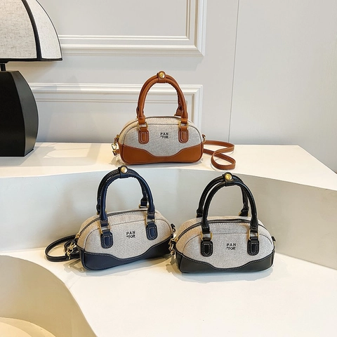 Borsa Boston Donna Tela Pelle PU Giunzione Manico Superiore Borsa Tracolla Colore Contrasto Borsa Ufficio Pendolare