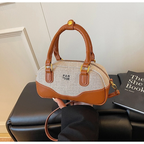 Borsa Boston Donna Tela Pelle PU Giunzione Manico Superiore Borsa Tracolla Colore Contrasto Borsa Ufficio Pendolare