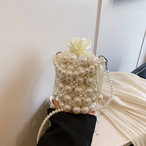 Elegante Künstliche Perlen Eimer Tasche Mini Umhängetasche Handtasche Mit Satin Kordelzug Innenfutter Für Damen Party Hochzeit