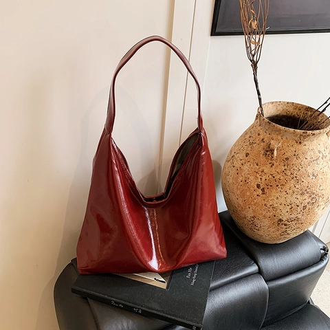 Borsa Hobo Da Donna In Pelle PU Lucida Grande Capacità Tracolla Larga Borsa Tote Minimalista Color Borgogna